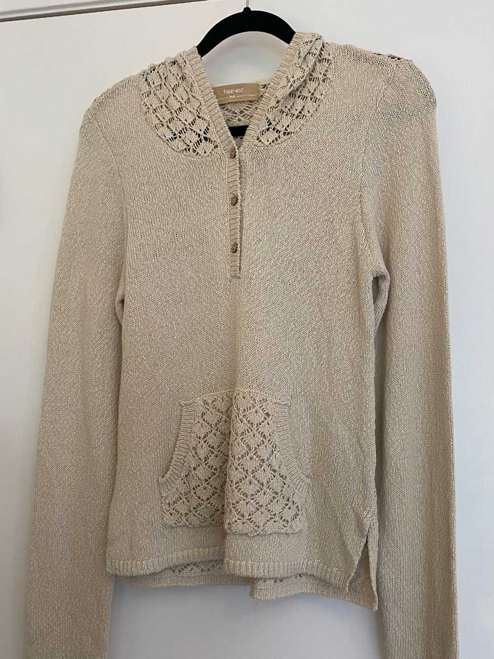 Free People Cream Crochet-Trim Knit Hoodie Pullover